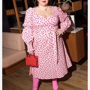Eloquii Size 20 Pink Polka Dot Dress Midi Long Sleeve Retro Coquette Twee Pinup